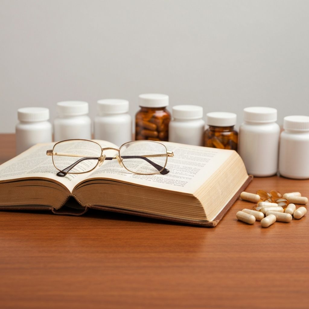 Offenes Buch mit Brille und Supplementen auf Tisch