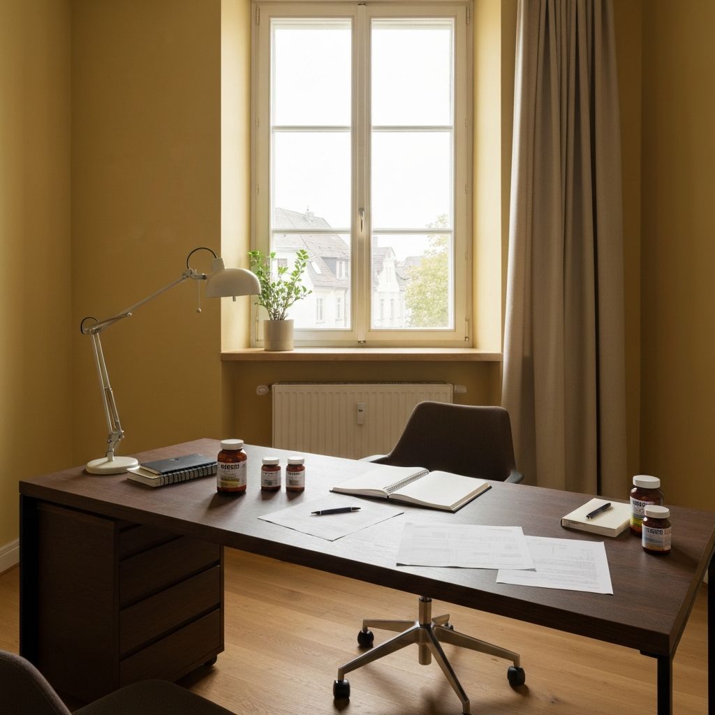 Helles Arbeitszimmer mit Supplementen und Notizbuch auf Schreibtisch